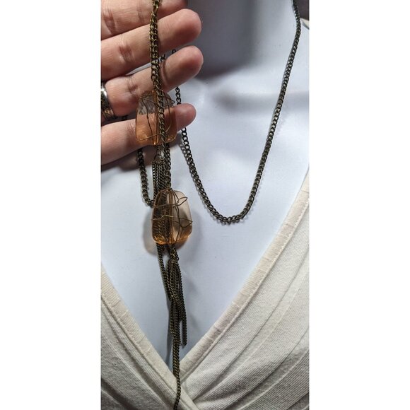 Funky Gemmed Chain Tassel Gold Tone Necklace - Picture 3 of 6